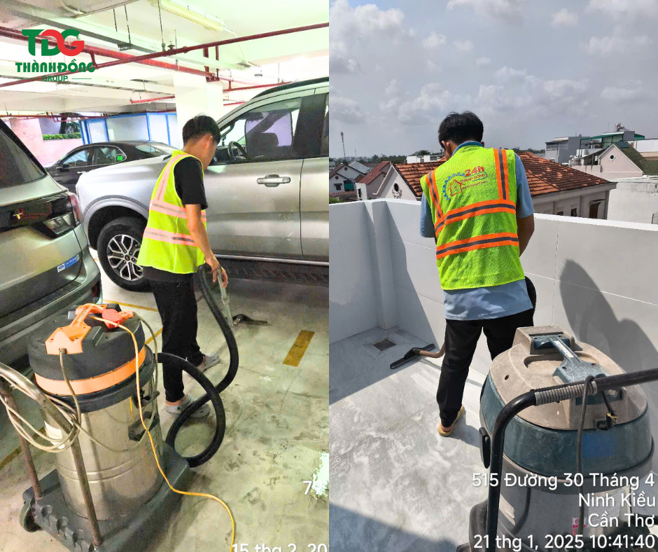Đội thi công vệ sinh tầng hầm và sân thượng nhà máy tại Cần Thơ